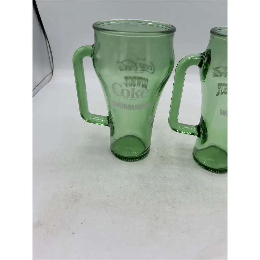 2 Vintage 1980's Coca-Cola Cowboy Whataburger Green Glass Handled Mugs
